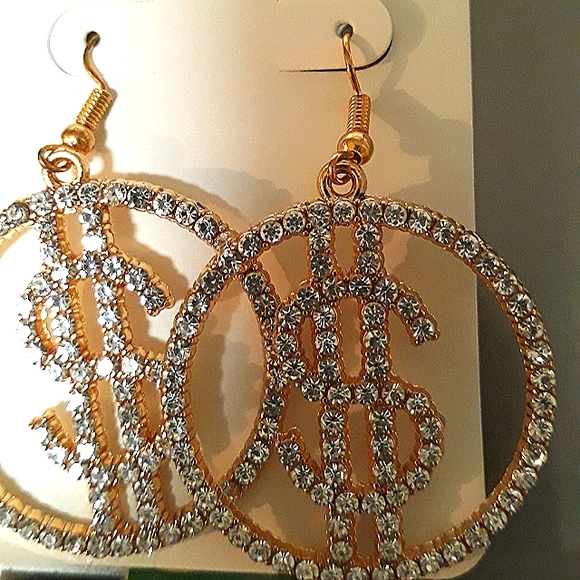 SILVER Dollar Sign Earrings with Crystal Rhinestones NEW - Picture 6 of 8